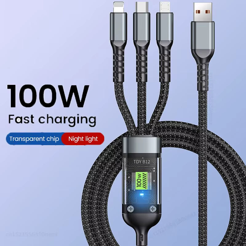 3 in 1 100W Transparent Fast Charging Cable Type C Usb Micro for Huawei OPPO Vivo Samsung Xiaomi Pilot Lamp Charger Usb C 6A