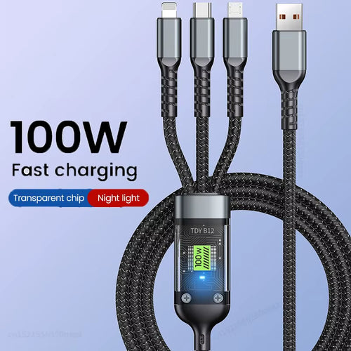 3 in 1 100W Transparent Fast Charging Cable Type C Usb Micro for Huawei OPPO Vivo Samsung Xiaomi Pilot Lamp Charger Usb C 6A
