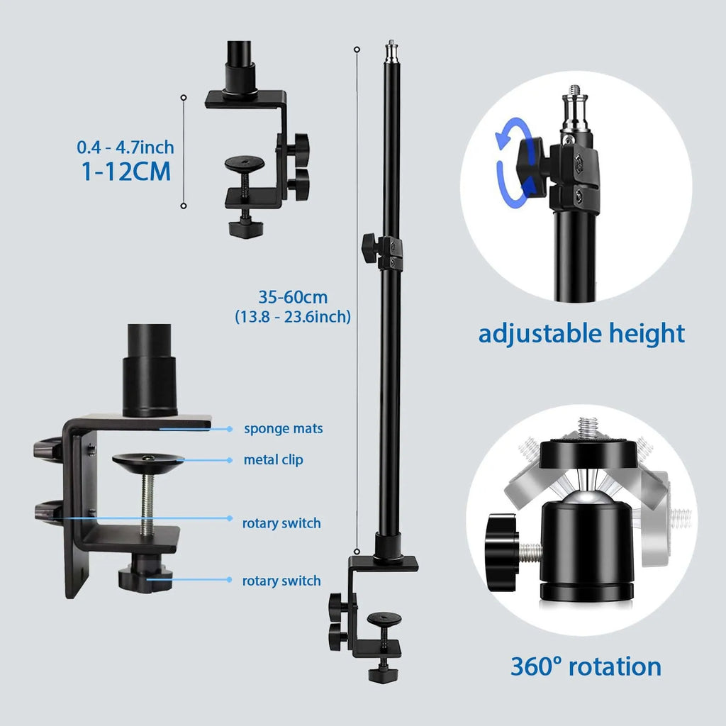 Desk Mount Stand DSLR Camera C Clamp Light Stand Photographic Light Boom Stand with Ball Head for Phone Video Ring Light Zoom