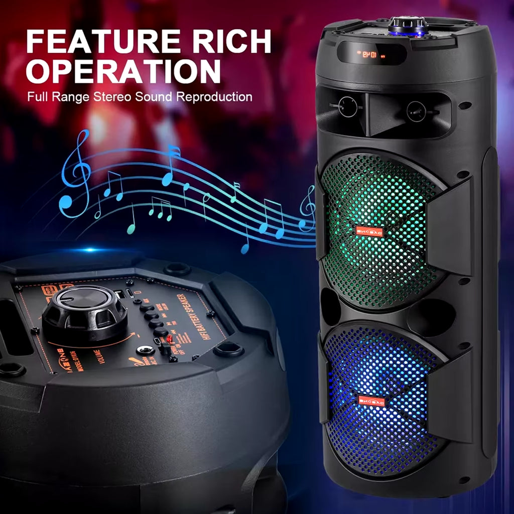 Dual 8' Woofer Portable Wireless Speaker with LED Light, Mic, Bass Stereo Sound Home Audio System Built-In Rechargable Battery